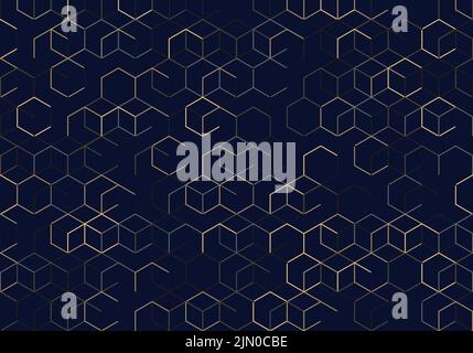 Abstract 3D hexagons dimension pattern on dark blue background texture. Geometric lines grid luxury backdrop. Vector illustration Stock Vector