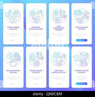 Saving accounts types blue gradient onboarding mobile app screen set Stock Vector