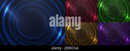 Set of abstract technology neon blue, green, red, yellow, purple colors glow circles lines pattern with lighting effect and particles on dark backgrou Stock Vector