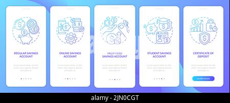 Types of saving accounts blue gradient onboarding mobile app screen Stock Vector