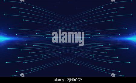 Abstract dynamic wave arrows lines communicate connection on dark blue background with lighting effect technology digital futuristic concept. Vector i Stock Vector