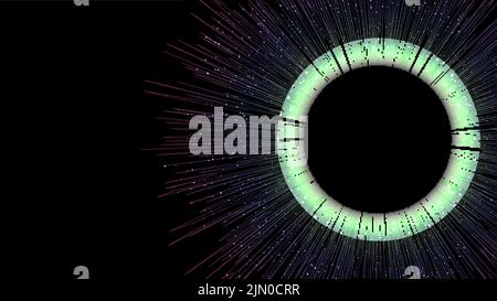 Abstract technology digital big data concept glowing neon color streaks radial lines circle with dots particles sparkling on black background. Vector Stock Vector