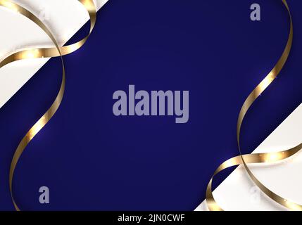 3D modern luxury template design white stripes with golden ribbon curly and lighting on blue background. Vector illustration Stock Vector