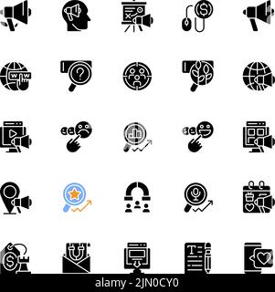 Feedback and marketing black glyph icons set on white space Stock Vector