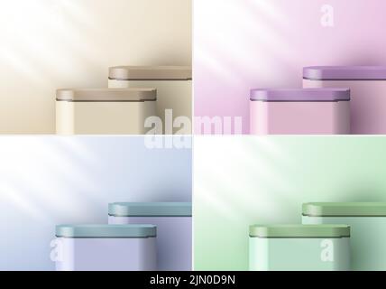 Set 3D realistic brown beige, purple, blue, green pedestal backdrop for product display. Platform in studio lighting background. Museum showcase conce Stock Vector