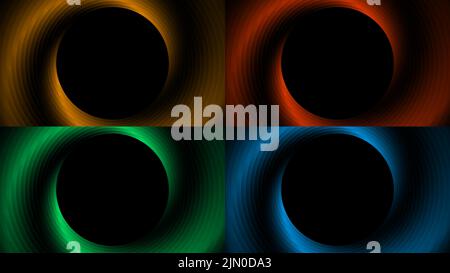 Set of abstract gold, red, green and blue color circles spiral lines pattern isolated on black background. Vector illustration Stock Vector