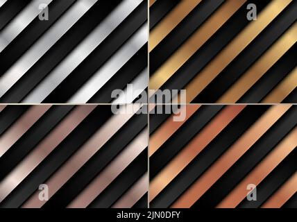 Set of abstract luxury black and silver, golden, pink gold, copper gradient color diagonal stripes pattern background texture. Vector illustration Stock Vector
