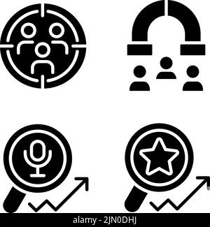 Audience research and analysis black glyph icons set on white space Stock Vector
