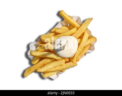 top down view of serving of french fries with mayonnaise on paper plate isolated on white background Stock Photo