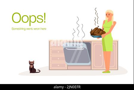 404 error not found web page. layout 404 for corporate website with burnt food isolated on white background. Flat Art Vector Illustration Stock Vector