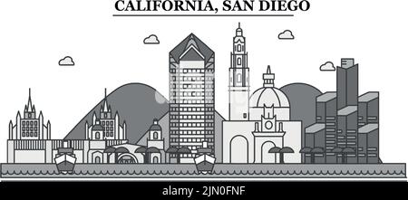 United States, San Diego city skyline isolated vector illustration, icons Stock Vector