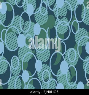 Abstract seamless background texture with different ovals. Blue, navy, green. Like optical camouflage pattern. For fabric, printing, wrapping paper, b Stock Vector