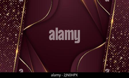 Abstract 3D red wave shapes layer and golden lines with shiny gold halftone lighting effect on red background template luxury style. Vector illustrati Stock Vector