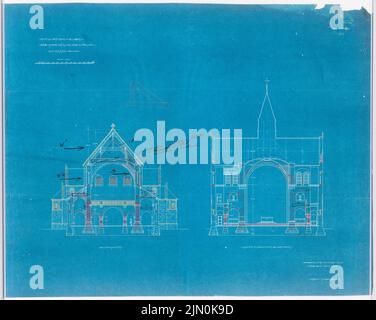 Klomp Johannes Franziskus (1865-1946), Franciscan monastery and Heilig Kreuz, Essen (05.1910): cross-section and cut through the cross house of the church 1: 100 (7th draft). Ink, pencil, colored pencil over blueprint on paper, 67 x 83.8 cm (including scan edges) Klomp Johannes Franziskus  (1865-1946): Franziskanerkloster und Heilig Kreuz, Essen Stock Photo
