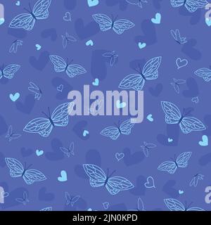 Blue vector hearts and butterflies modern seamless repeating pattern Stock Vector