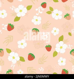 Cute vector strawberries and white flowers field seamless repeating pattern background Stock Vector