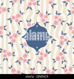 Pink flowers bouquets ditsy stripes vector seamless frame pattern background Stock Vector