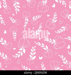 Vector pink flowers leaves with hearts delicate seamless pattern background Stock Vector