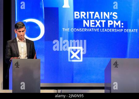 Rishi Sunak, MP, candidate to become the next British Prime Minister, former Chancellor of the Exchequer,  at the Channel 4 leadership debate Stock Photo