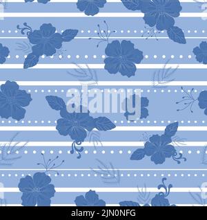 Vector blue white hand drawn floral stripes elegant seamless pattern. Retro repeat background Stock Vector
