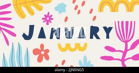 January. Abstract background with botanical doodles. Vector multicolor hand drawn print for design, banner, calendar. Stock Vector