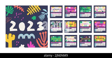 Calendar for 2023. Week starts on Sunday, 12 months. Cute multicolor vector calendar with flora doodles. Stock Vector