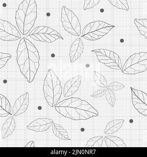 Vector black white fall leaves line art polka dots drawing on check texture seamless pattern. Retro repeating background Stock Vector