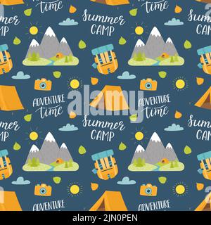Travel, camping seamless pattern. Cartoon hand drawn hiking elements and lettering. Color backdrop for website, banner, cover, textile, packaging desi Stock Vector