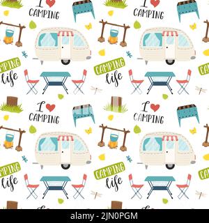 Camping seamless pattern with motorhome and camping furniture. Hand drawn cartoon travel elements and lettering. Backdrop for website, banner, cover, Stock Vector