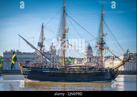 Replica 18th century Swedish ship Götheborg visiting London, passing the Old Royal Naval College, London, UK