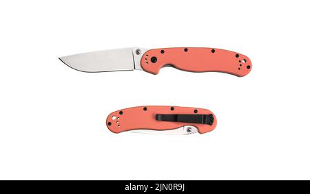 Pocket folding knife isolate on white background. Compact metal sharp knife with a folding blade. Stock Photo