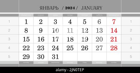 Calendar quarterly block for 2023 year, January 2023. Wall calendar, English and Russian language. Week starts from Monday. Vector Illustration. Stock Vector