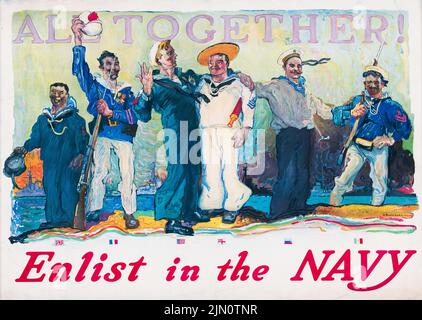 All together! Enlist in the Navy (1917) American World War I era poster by Henry Reuterdahl Stock Photo