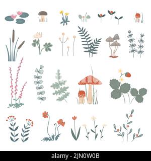 Forest herbs and flowers, floral elements set. Vector doodle hand drawn plants and mushrooms isolated design elements Stock Vector