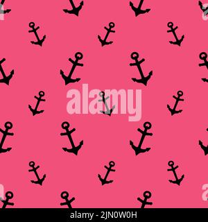 Anchor. Silhouette. Seamless vector pattern. The endlessly repeating ornament of the symbols of navigation. Outline on an isolated pink background. Stock Vector