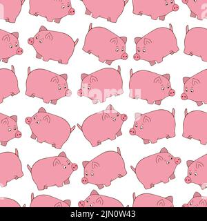The pink pig. Seamless vector pattern. Ornament on an isolated colorless background. A pet. Cartoon style. Chubby kid from the farm. Stock Vector