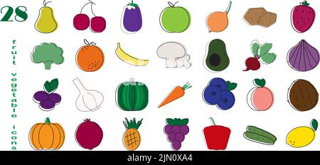 Collection of twenty eight fruit and vegetable outlines. Fruit coloured icons set, vector illustration. Healthy fruit eating, healthy lifestyle. Stock Vector