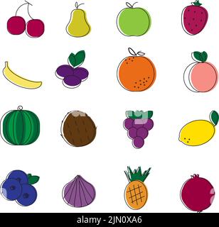 Set of sixteen colorful fruits icons on white background, isolated. Healthy food concept. Vector illustration. Stock Vector