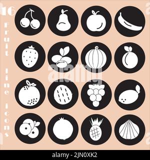 Collection of sixteen white fruit icons on the black stickers. Nice vector illustration design. Health and benefit concept.Vector outlines. Stock Vector