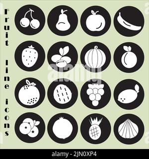 Fruit icons set on the black stickers. White outlines of fruit for any design. Healthy fruit dieting concept. Vector illustration. Stock Vector