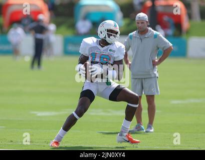 Miami Dolphins wide receiver Mohamed Sanu Sr. (16) catches the ball as he  practices on the field before an NFL football game against the Philadelphia  Eagles, Saturday, Aug. 27, 2022, in Miami