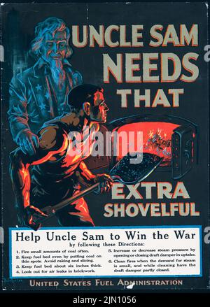 Uncle Sam needs that extra shovelful, Help Uncle Sam to Win the War, United States Fuel Administration (1918) American World War I era poster by F. Sindelar Stock Photo