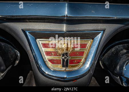 Lebanon, TN - May 13, 2022: Close up detail view of a 1956 Dodge Coronet D500 2 Door Sedan Grille Ornament at a local car show. Stock Photo