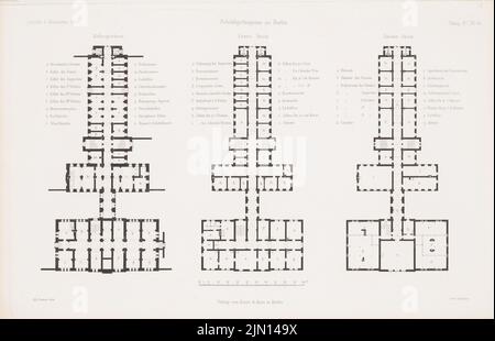 Cremer Albert Friedrich (1824-1891), debt prison, Berlin. (From: Atlas to the magazine for Building, ed. V. G. Erbkam, Jg. 15, 1865.) (1865-1865): Grundriss Keller, 1st floor, 2nd floor. Stitch on paper, 28.1 x 43.6 cm (including scan edges) Cremer Albert Friedrich  (1824-1891): Schuldgefängnis, Berlin. (Aus: Atlas zur Zeitschrift für Bauwesen, hrsg. v. G. Erbkam, Jg. 15, 1865) Stock Photo