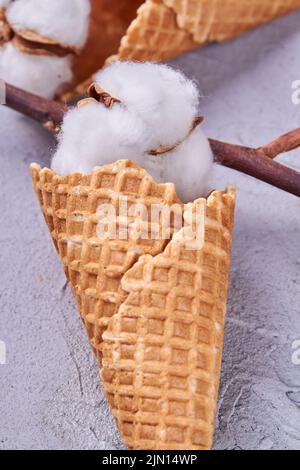 Cotton flower in an ice cream waffle cone. The concept of softness beauty and taste. Stock Photo