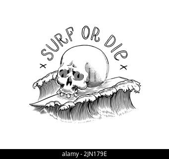Skull on the sea waves. Skeleton snowboard inscription. Label for typography. Vintage retro Ride on the board. Template for t-shirt and logo. Hand Stock Vector