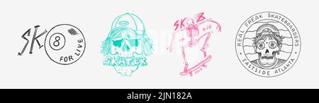 Skateboard shop set. Skeletons ride on the boards. Fiery head and skull. Vintage retro labels and badges for t-shirts and typography. Hand Drawn Stock Vector