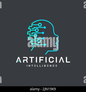 Artificial intelligence and human face logo template. Grid electronic circuit and communication vector design. Neural network, conceptual sign and log Stock Vector