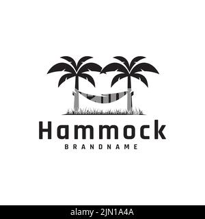 Logo design Hammock illustration with palm tree outdoor,relax,template,symbol Stock Vector