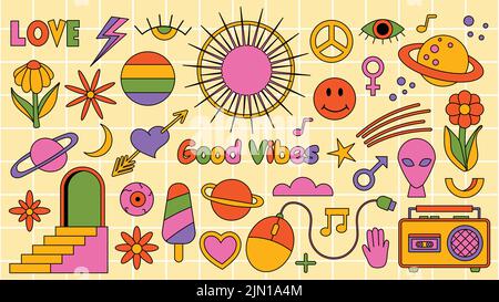 Set of hipster retro cool psychedelic elements. Collection stickers of groovy cliparts from the 70s 60s. Collage with trendy pop vibe with funky Stock Vector
